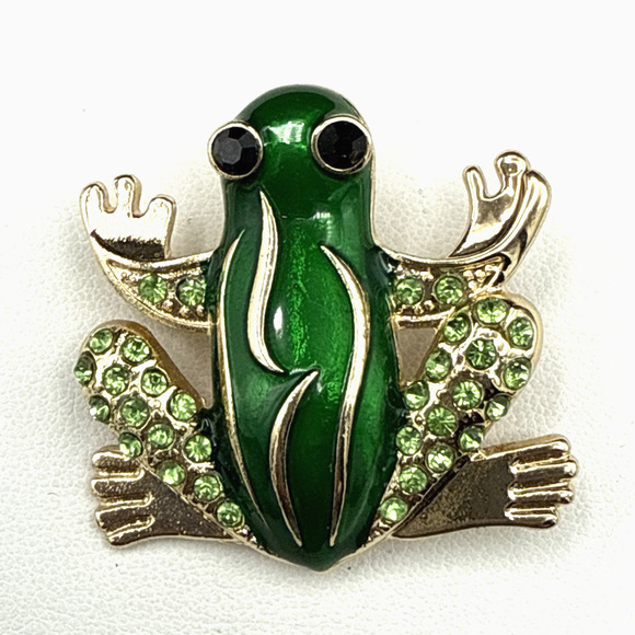 Vintage Frog Brooch Green Enamel Rhinestone Gold Tone Tree Frog - Picture 2 of 6
